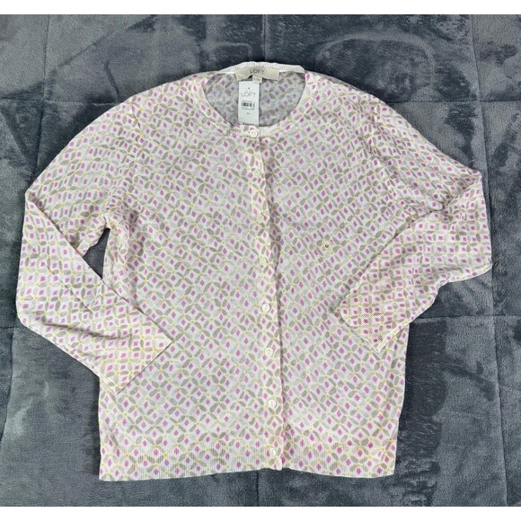 LOFT Ann Taylor Cardigan Sweater Medium M NWT Diamond Print Ramie Rayon White. - Picture 6 of 12